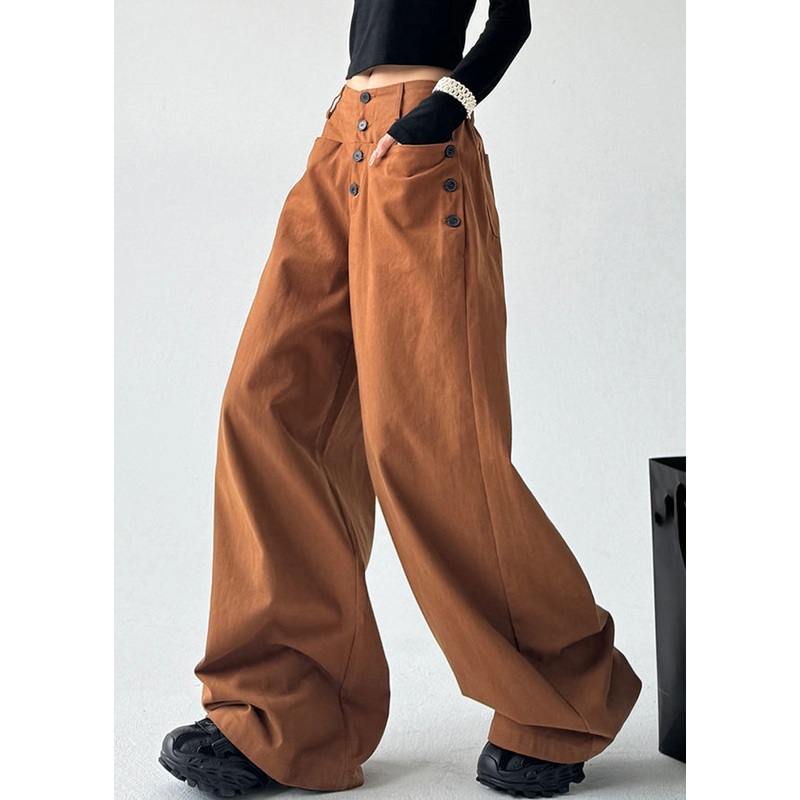Unique Caramel High Waist Patchwork Button Wide Leg Pants Spring