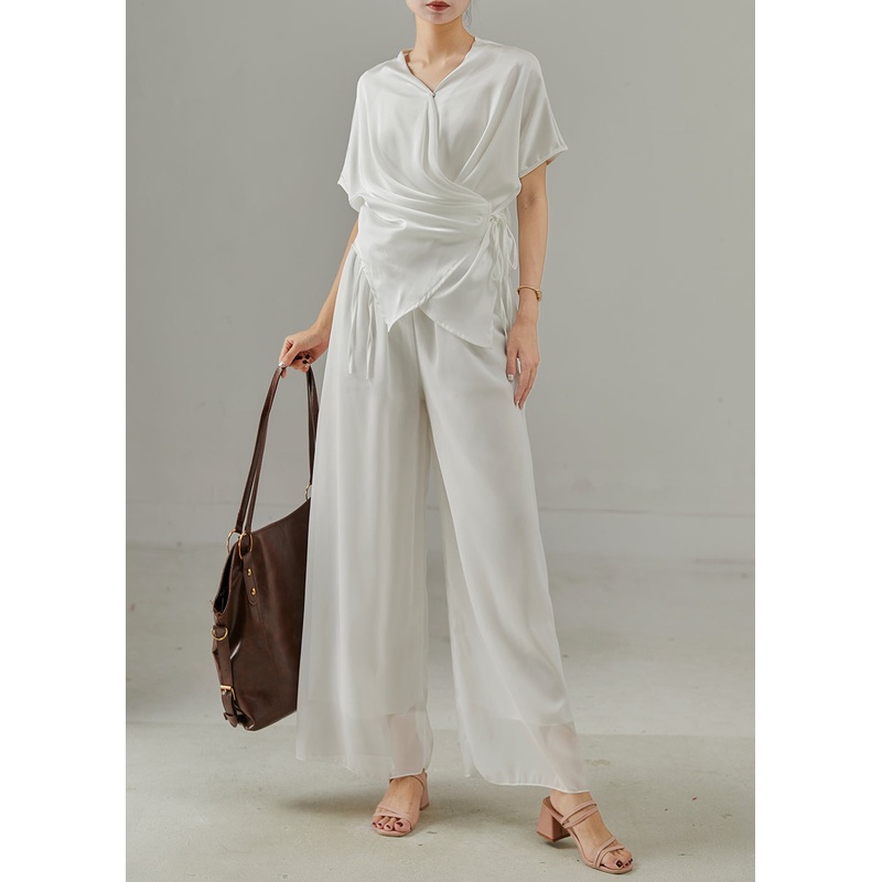 Unique White Asymmetrical Lace Up Chiffon Two Pieces Set Summer