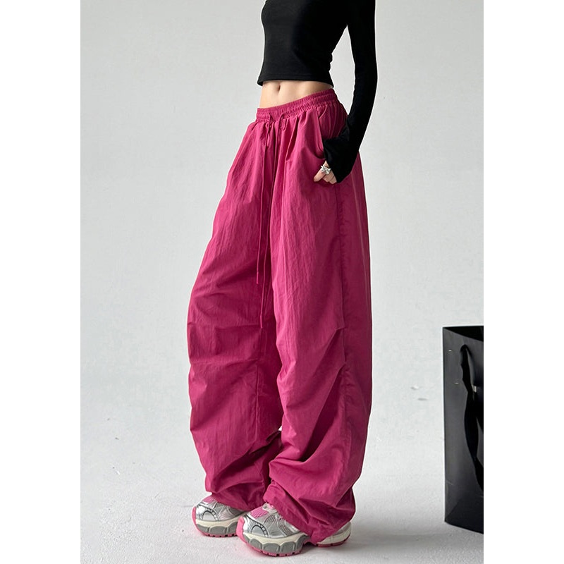 Vogue Red Pockets Tie Waist Solid Warm Fleece Straight Pants Spring