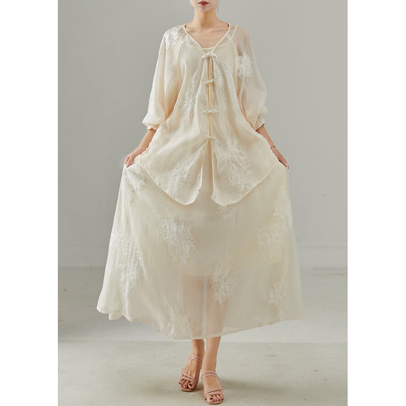 Women Beige Embroidered Chinese Button Silk Two Pieces Set Spring