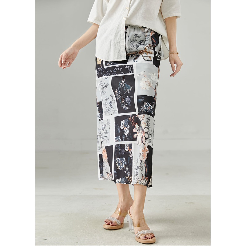 Women Black Print Side Open Chiffon Skirts Summer