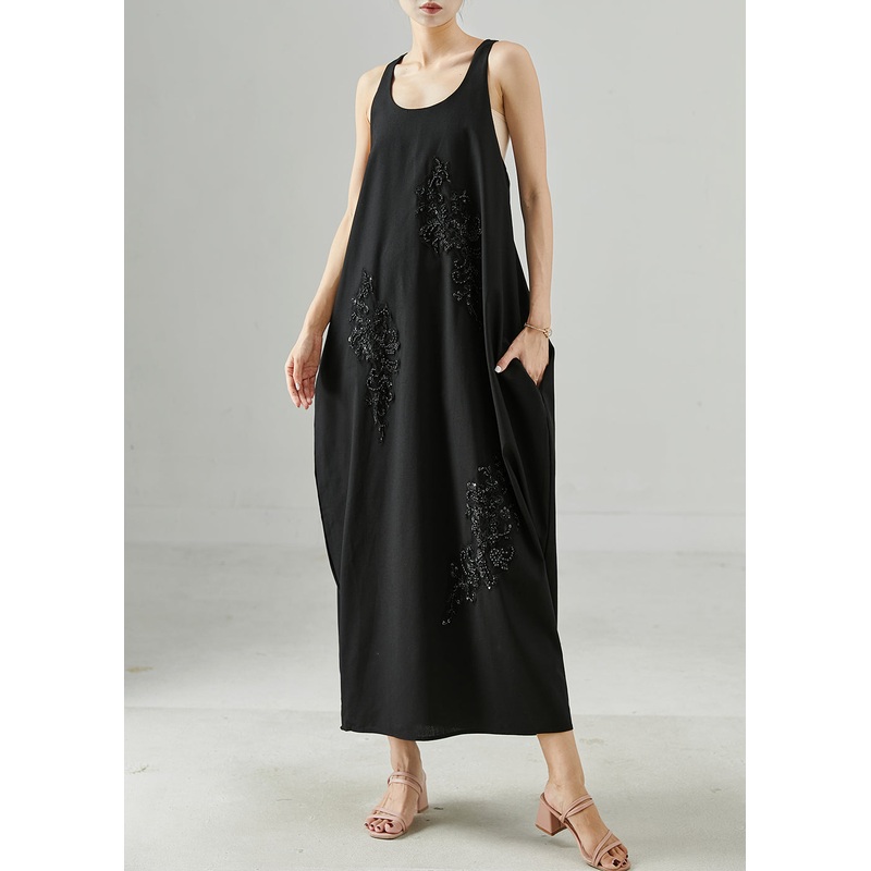 Women Black Sequins Nail Bead Cotton Cami Dresses Summer