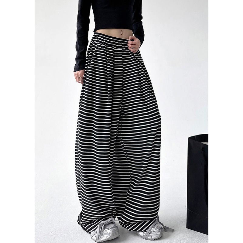 Women Black White Striped Elastic Waist Wide Leg Pants Spring