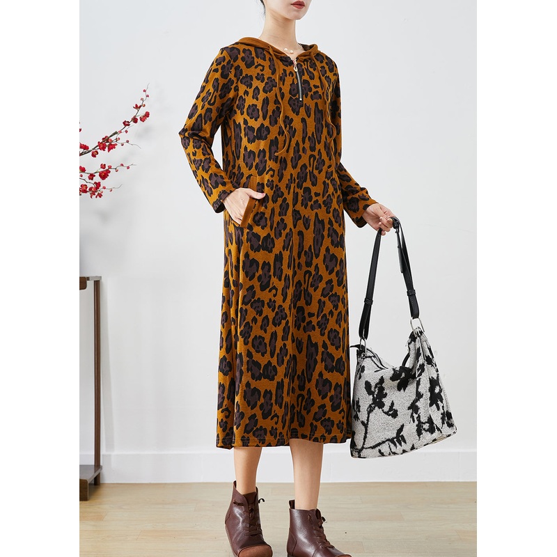 Women Brown Hooded Leopard Print Cotton Dresses Spring
