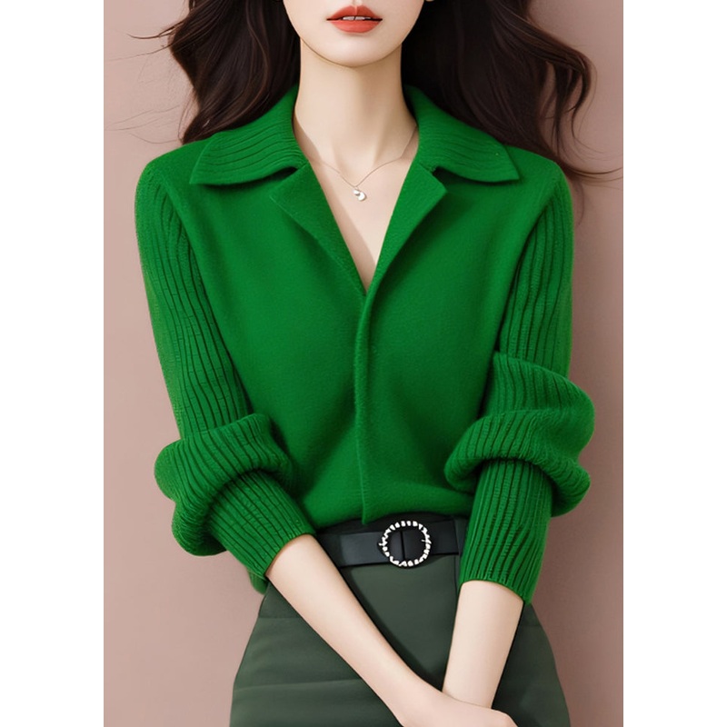 Women Green Peter Pan Collar Stylish Knit Sweaters Spring