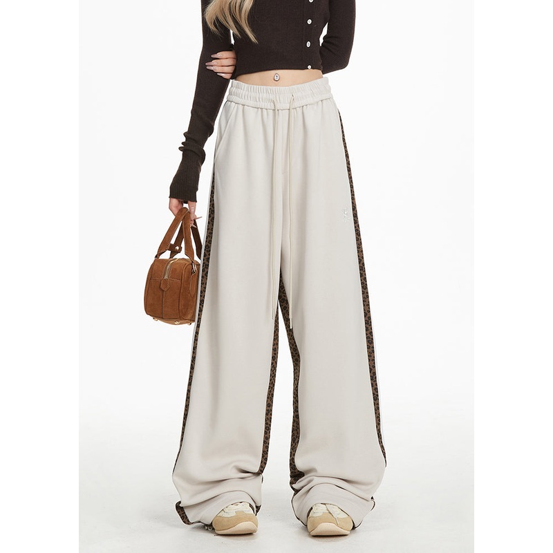 Women Grey Pockets Leopard Patchwork Wide Leg Pants Spring