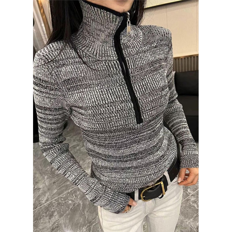 Women Grey Striped Zippered Zippered Cotton Knit Sweater Spring