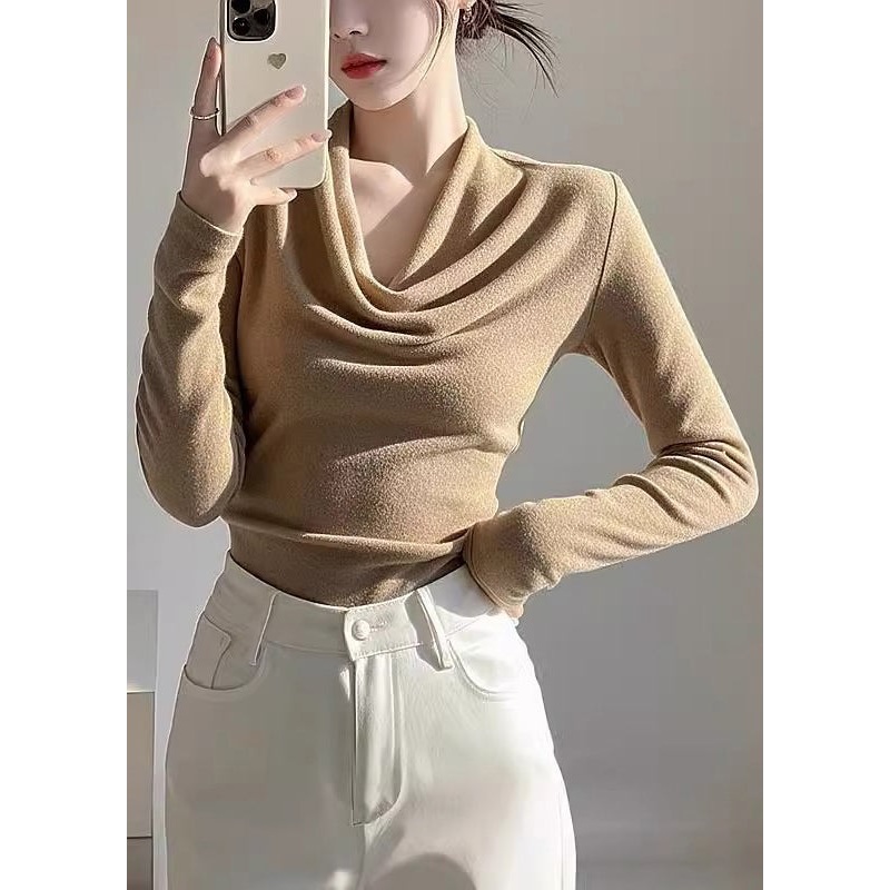 Women Khaki Turtle Neck Woolen Knit Top Spring