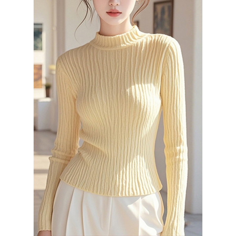 Women Simple Yellow Half High Neck Knit Pullover Spring