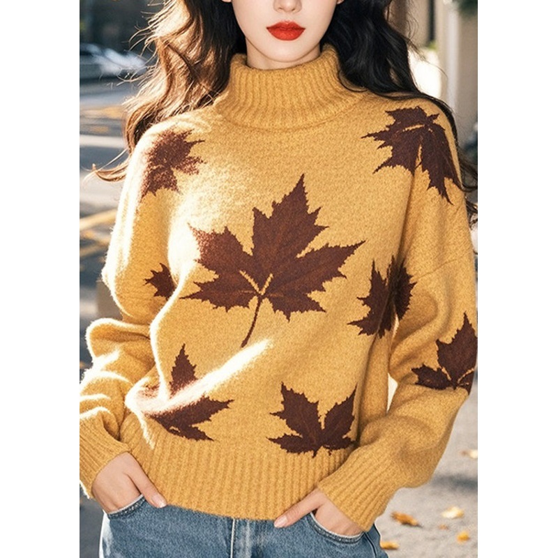 Women Yellow Hign Neck Thick Print Knit Sweaters Winter