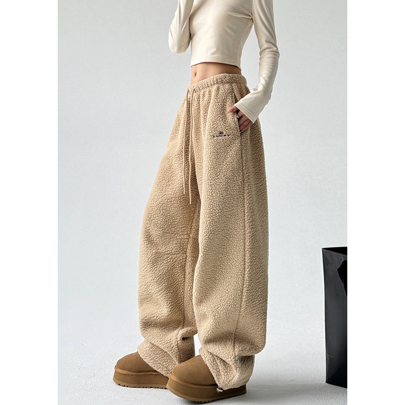 Women Yellow Pockets Drawstring Faux Fur Thick Trousers Spring
