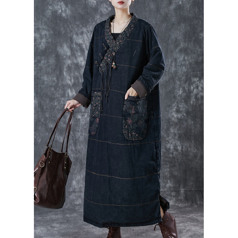 Art Black Chinese Button Patchwork Pockets Cotton Filled Dress Winter