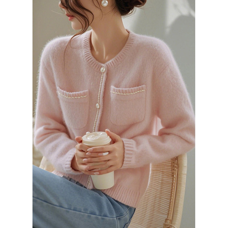 Art Pink O-Neck Button Pockets Knit Cardigan Spring