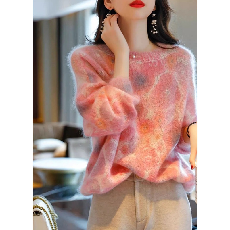 Art Pink O Neck Cozy Cotton Knit Sweaters Spring