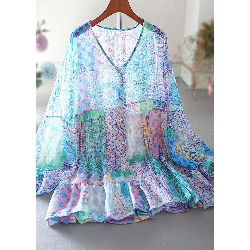 Beautiful Blue Oversized Print Cotton Shirt Tops Spring