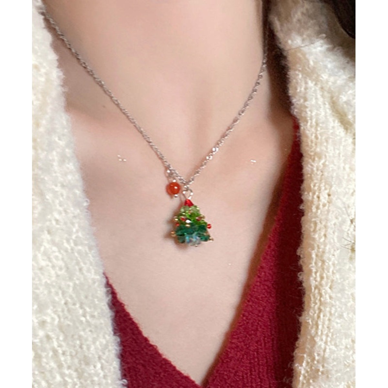 Beautiful Green Stainless Steel Crystal Christmas Tree Pendant Necklace