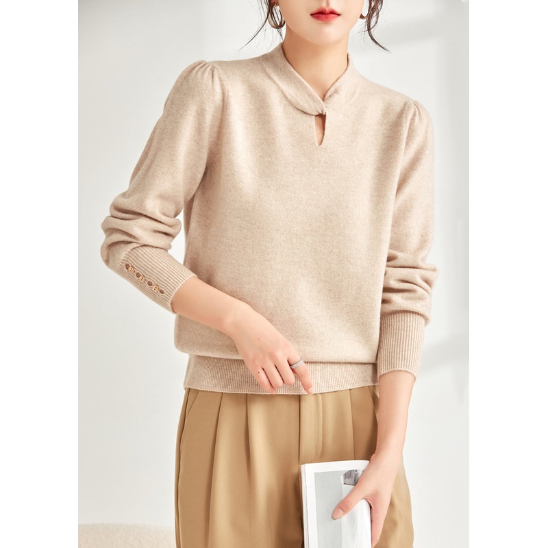 Beige Solid Loose Wool Knit Sweater Hollow Out Spring
