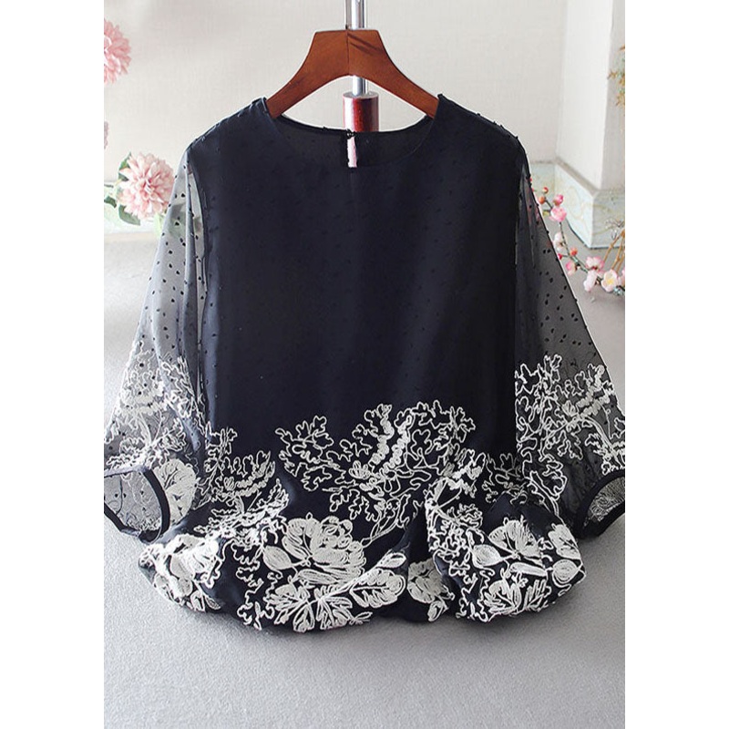 Black Chiffon Blouses Embroidered Bracelet Sleeve