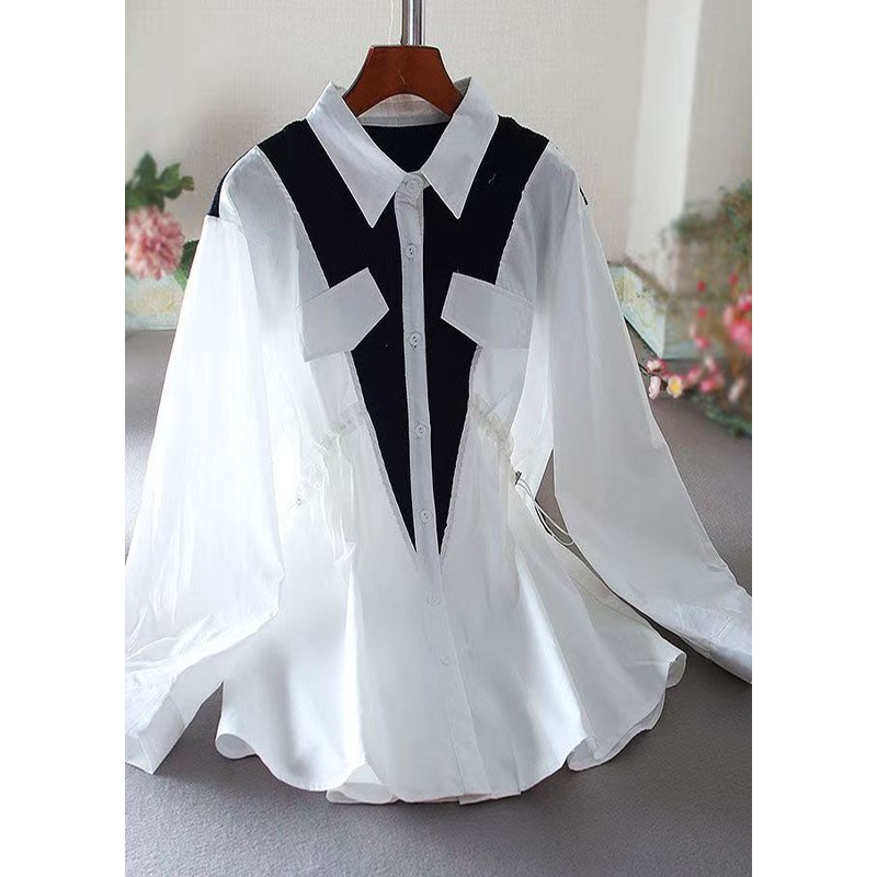 Black Patchwork Knit Cotton Shirts Drawstring Spring