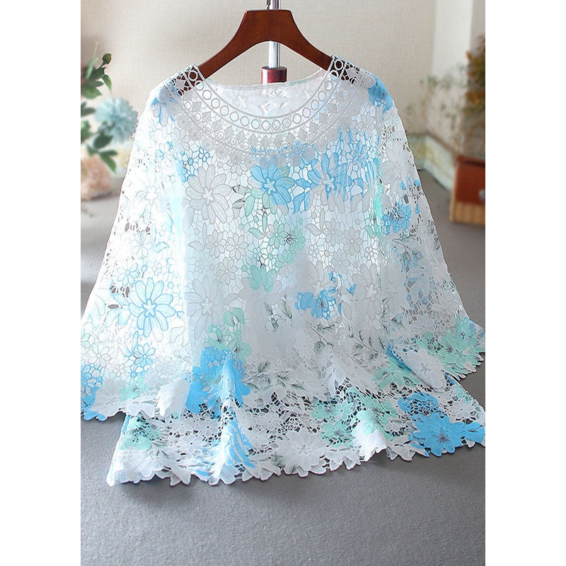 Blue Hollow Out Lace Shirts Embroidered Bracelet Sleeve