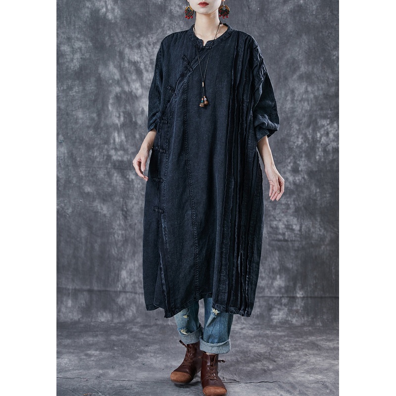 Boho Black Oversized Wrinkled Denim Oriental Dress Spring