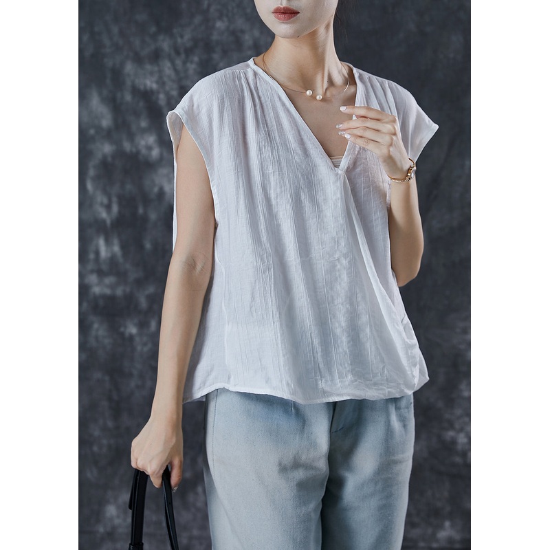 Boho White V Neck Wrinkled Linen Tops Summer
