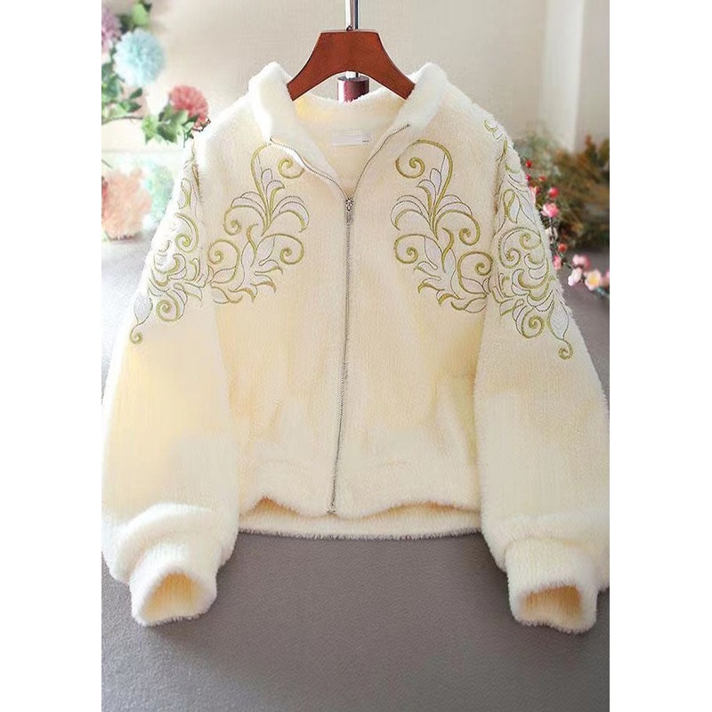 Boutique Apricot Embroidered Faux Fur Jackets Winter
