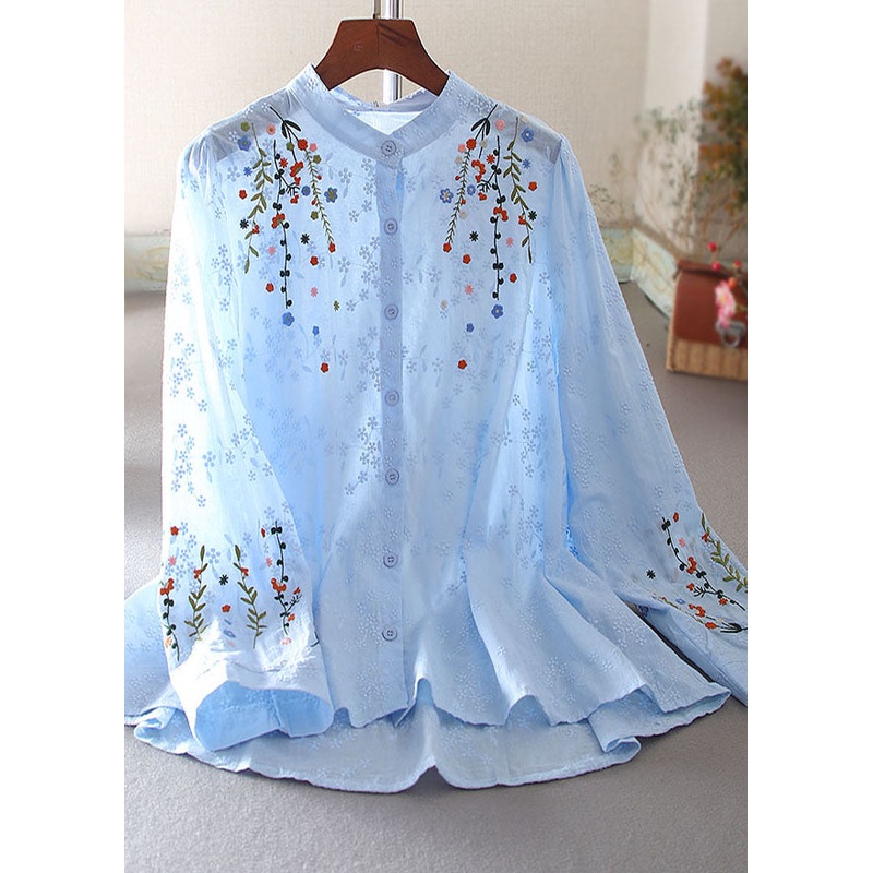 Boutique Sky Blue Embroidered Cotton Shirt Spring