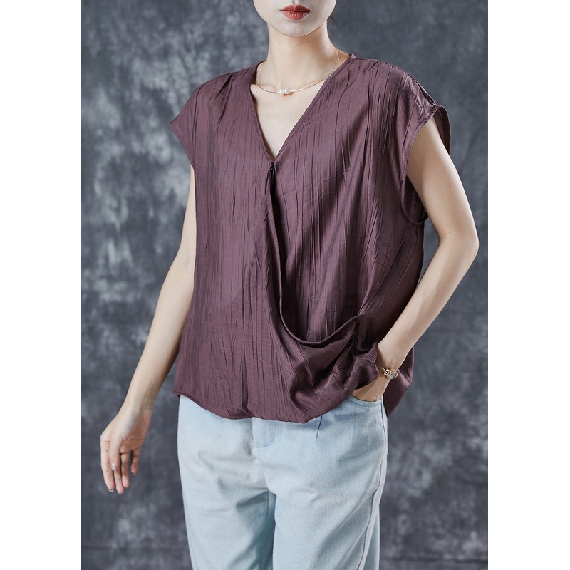 Brown Loose Linen Tank Tops Wrinkled Summer