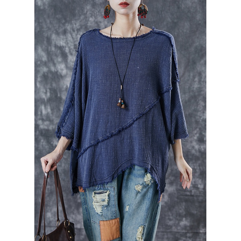 Casual Navy Oversized Patchwork Cotton Blouse Top Spring