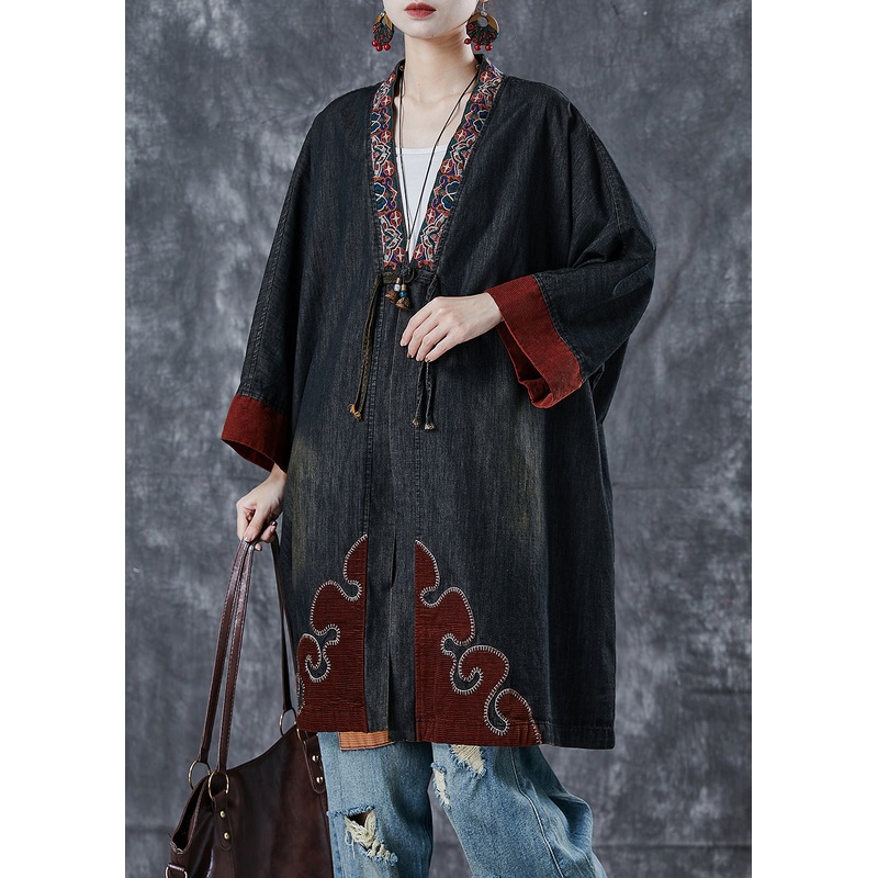 Chic Black Embroidered Patchwork Denim Coats Spring