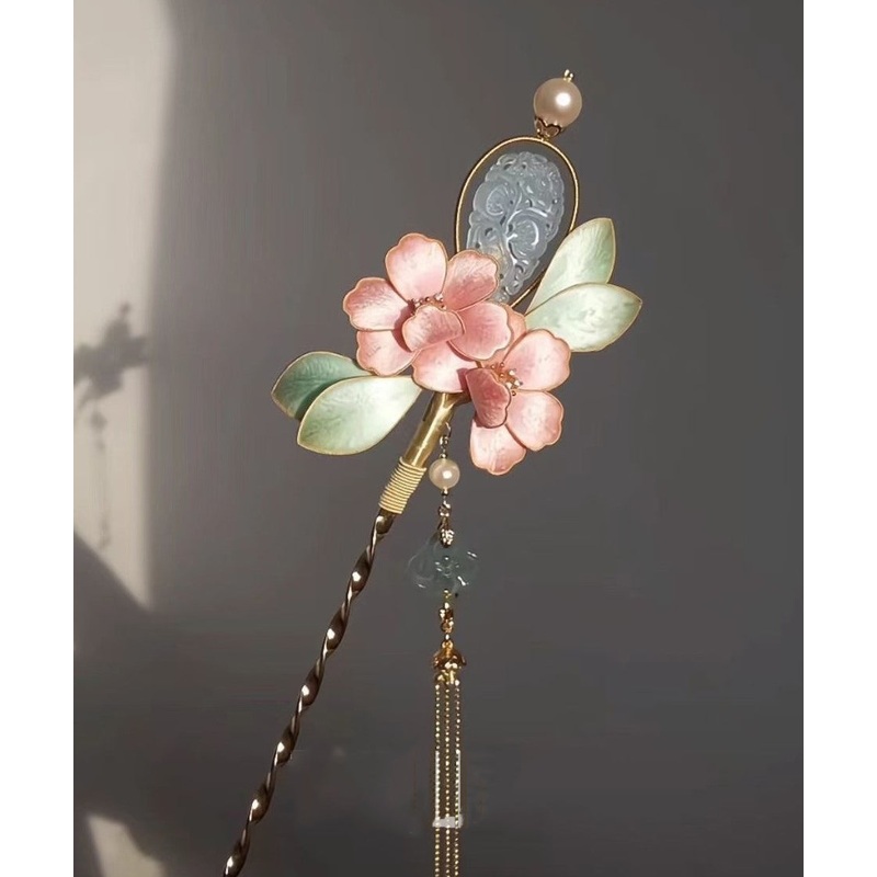 Chinese Style Pink Antique Gold Peony Flower Jade Tassel Hairpin