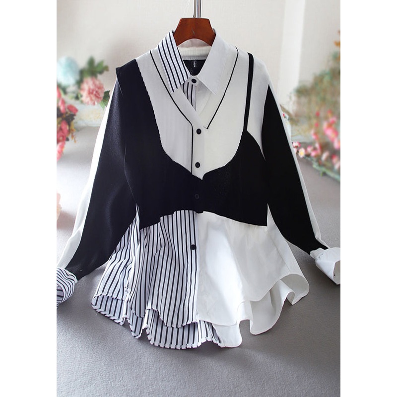 Classy White Asymmetrical Patchwork Striped Fake Two Piece Tops Spring
