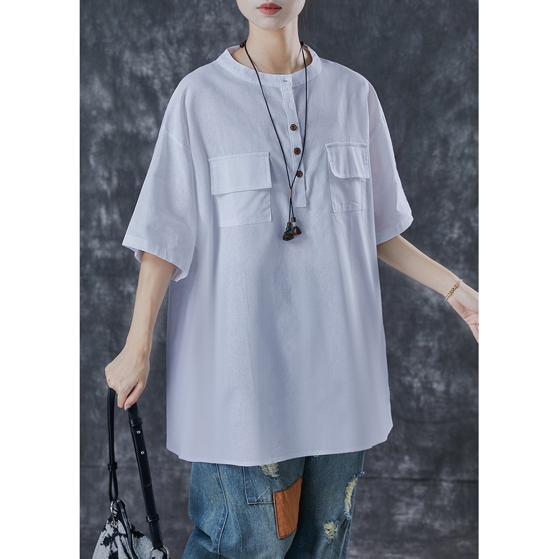 Classy White Oversized Pockets Cotton Tanks Summer
