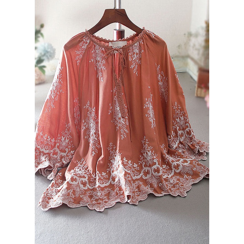 Diy Orange Embroidered Cotton Shirt Tops Spring