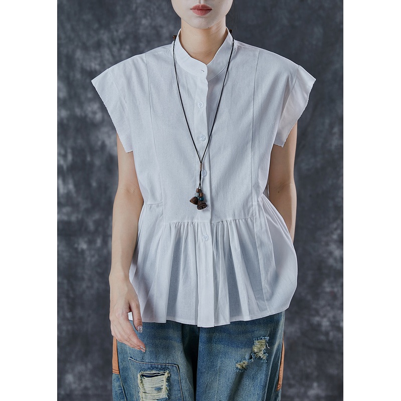 DIY White Stand Collar Patchwork Cotton Tops Sleeveless