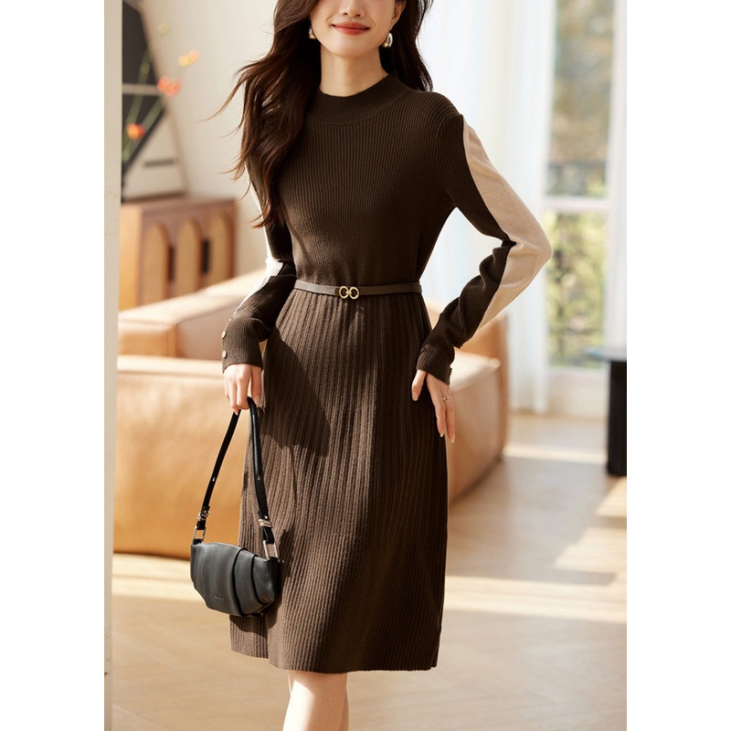 Elegant Coffee High Waist Patchwork Knit Sweaters Dress Spring