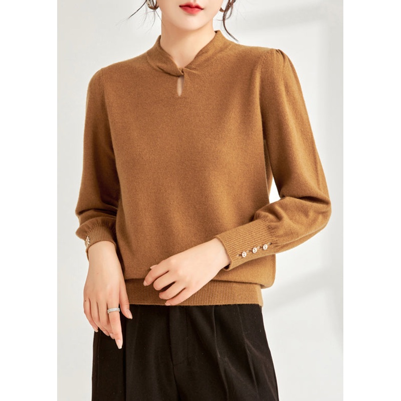 Elegant Coffee Original Design Button Wool Knit Sweater Spring