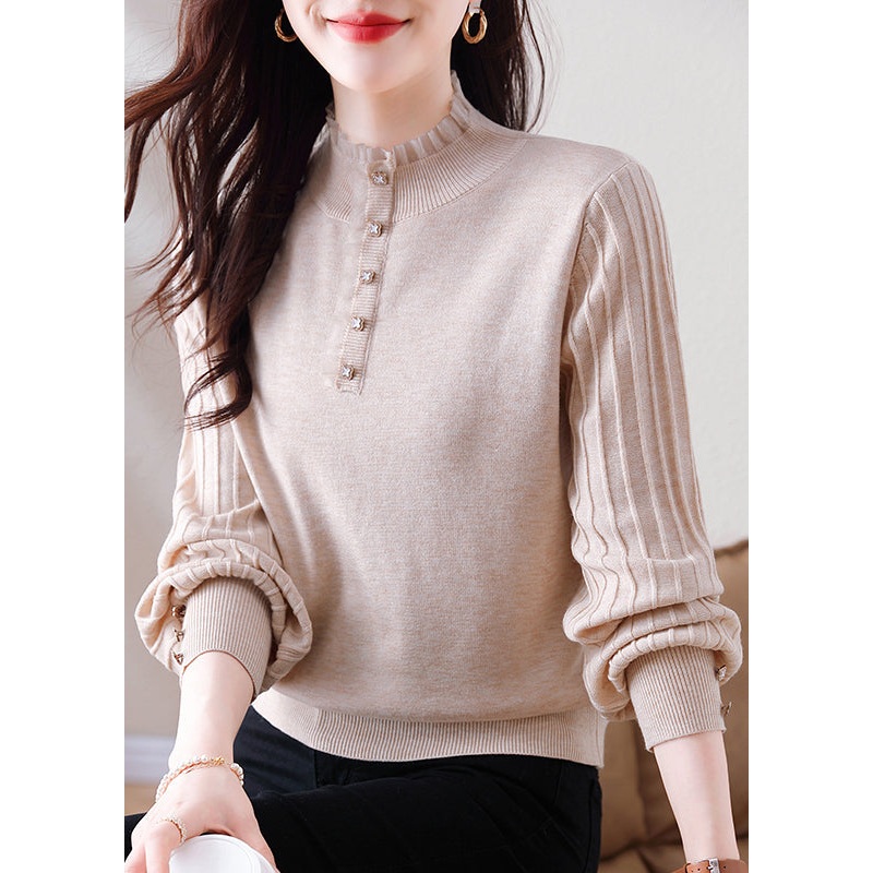 Elegant Oatmeal Ruffled Button Patchwork Woolen Sweater Spring