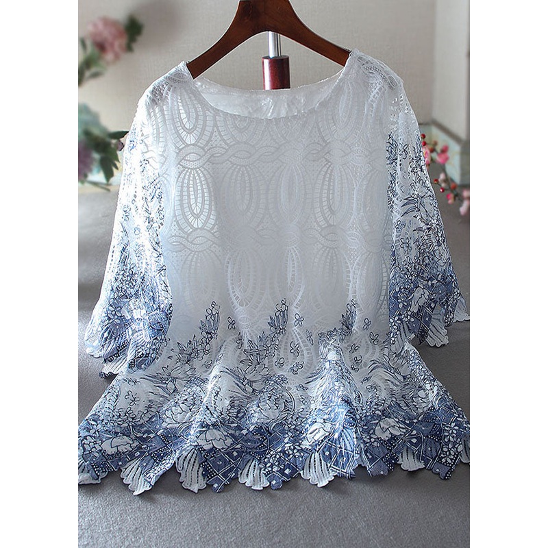 Elegant White Embroidered Hollow Out Lace Shirt Top Summer