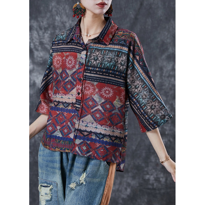 Ethnic Style Oversized Print Linen Shirts Bracelet Sleeve