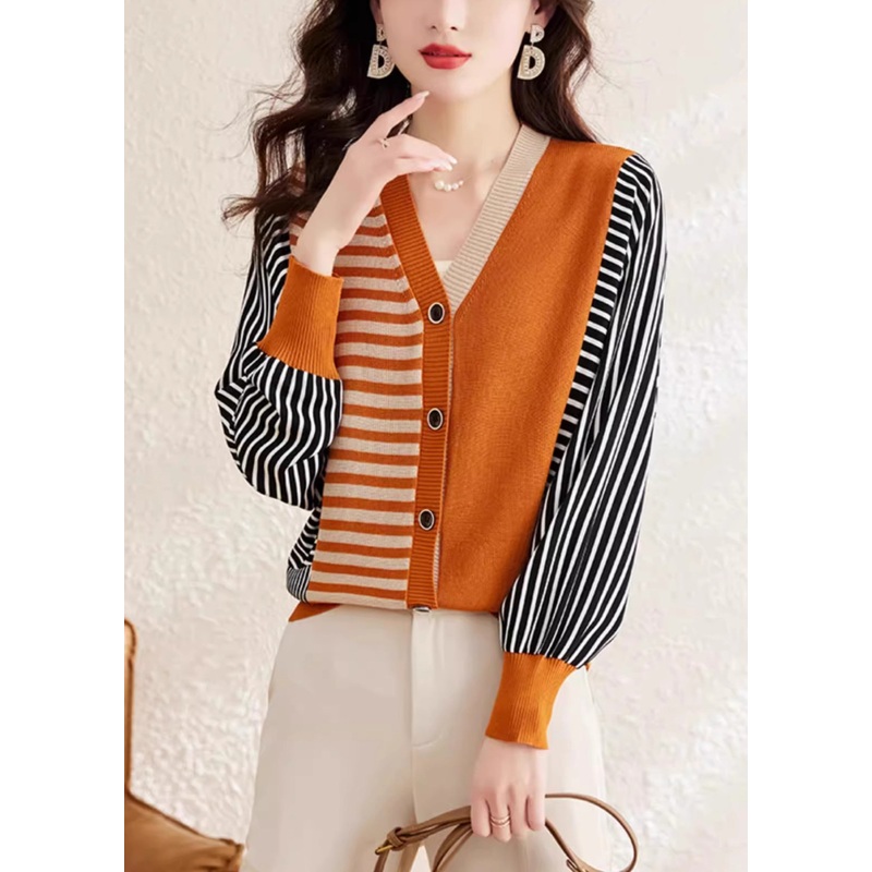 Fashion Orange V Neck Striped Button Woolen Sweater Spring