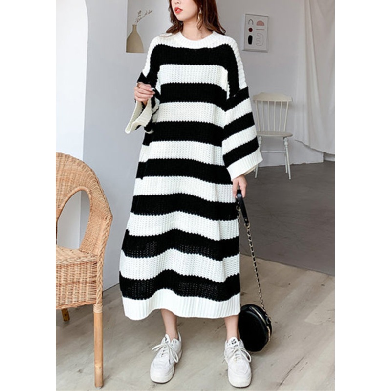 French Black Striped Cozy Knit Long Sweater Batwing Sleeve