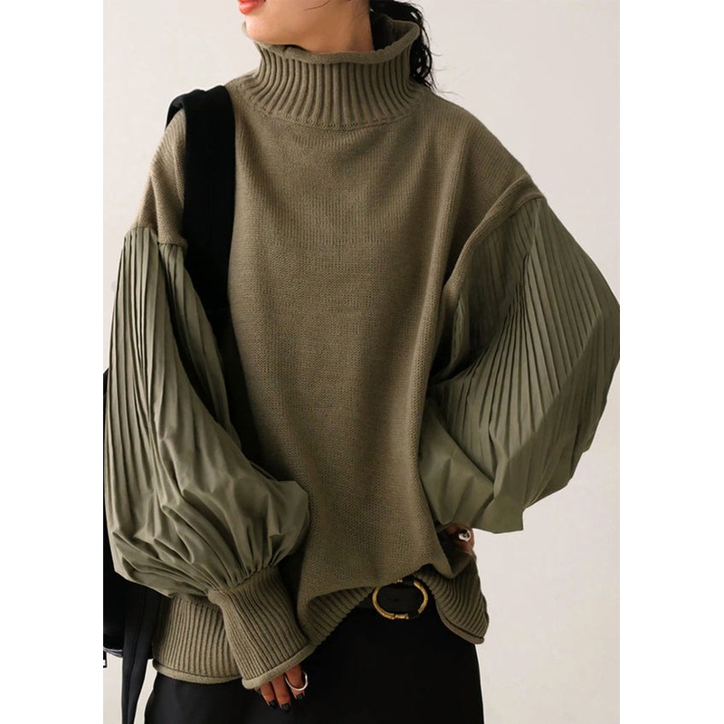 French Green Turtleneck Patchwork Knit Sweater Lantern Sleeve