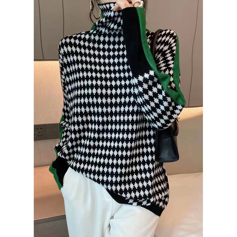 French Green Turtleneck Plaid Patchwork Knit Coats Spring