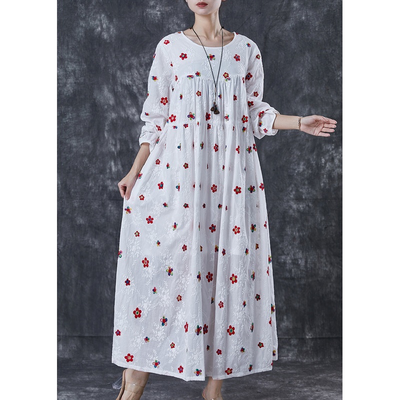 French White Embroidered Floral Cotton Maxi Dress Spring