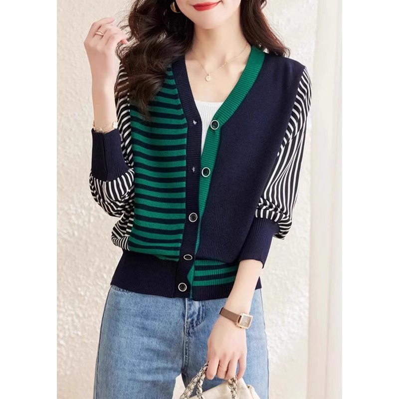 Green Striped Patchwork Woolen Sweaters V Neck Spring