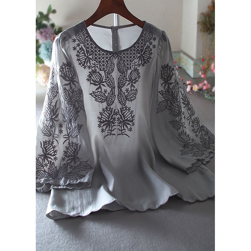 Grey Chiffon Shirt Embroidered Flare Sleeve
