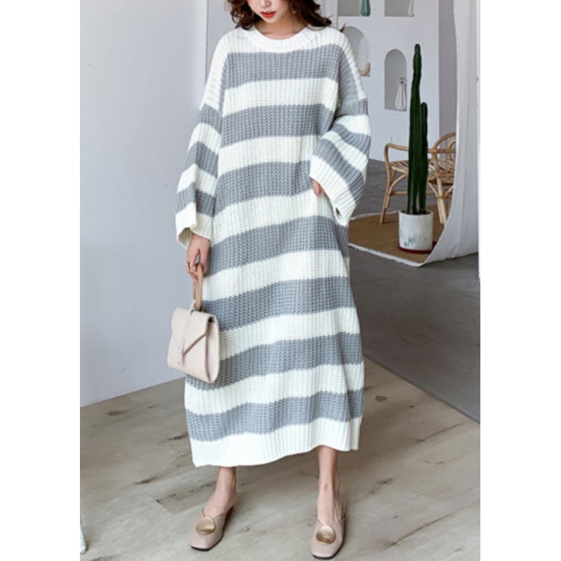 Grey Hollow Out Patchwork Knit Dress O Neck Spring