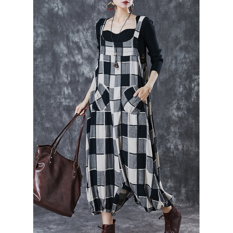 Grey Plaid Cotton Harem Pants Jumpsuits Oversized Spring